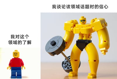 这是一张左右对比的趣味梗图，左侧是穿着红蓝配色服装的普通乐高小人，旁边配文“我对这个领域的了解”，象征着自身对某一领域的实际认知水平有限、仅停留在基础层面；右侧是用乐高零件创意拼搭出的肌肉发达的“猛男”形象，它戴着墨镜，手持杠铃，姿态充满力量感，上方配文“我谈论该领域话题时的信心”，代表着谈论该领域话题时表现出的过度自信。图中用两个乐高形象的强烈反差，生动且幽默地调侃了现实生活中部分人“自身对领域了解不多，但在交流谈论时却信心十足、甚至夸大其词”的行为，精准戳中了这类“半瓶水晃荡”的常见现象，画面风格诙谐，容易引发共鸣。