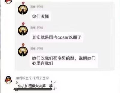 这是一张竖屏的QQ群聊记录截图，群内用户「王者·阿楠」发表了一系列搞笑言论，先是表示其他人没懂他的意思，随后称是国内coser吃醋了，还调侃coser吃死宅的醋就代表心里有死宅，最后另一位用户「哈呀哈基米·米呀米基喵」玩梗回复「你去拍租借女友第二季」，整个对话充满二次元社群的自娱自乐氛围，用夸张的调侃制造笑点。