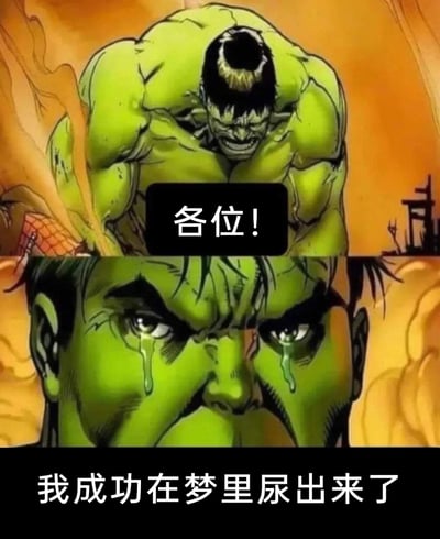 这是一张对漫威超级英雄绿巨人（浩克）的漫画形象进行二次创作的梗图，采用上下拼接的形式。上半部分呈现的是愤怒狰狞、俯身的绿巨人，搭配文字“各位！”，营造出严肃且充满力量感的氛围；下半部分则是绿巨人的面部特写，他双眼含泪，搭配文字“我成功在梦里尿出来了”，用强大英雄形象和尴尬日常糗事的强烈反差，制造出荒诞搞笑的喜剧效果，调侃了梦中排尿这种常见的尴尬经历。