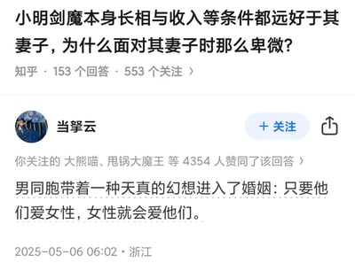 这是一张知乎平台的问答截图，展示了一个关于婚姻关系的问题及其高赞回答。问题标题为"小明剑魔本身长相与收入等条件都远好于其妻子，为什么面对其妻子时那么卑微?"，下方显示有153个回答和553个关注。回答者"当箏云"的头像为梵高《星月夜》风格的插画，其回答获得了4354人赞同，内容为"男同胞带着一种天真的幻想进入了婚姻：只要他们爱女性，女性就会爱他们。"回答发布时间为2025年5月6日6:02，地点显示为浙江。