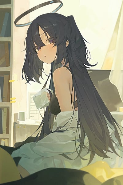这是一幅《蔚蓝档案》角色妃咲的同人插画，画面呈现了清晨刚睡醒的妃咲：她深色的长发有些凌乱，头上的制式光环还带着淡蓝色微光，脸颊泛起红晕，露出害羞又懵懂的神情；身上只穿着内衣，正裹着被子坐在床上，手里拿着衣物，似乎正准备起身。背景是充满生活气息的温馨房间，左侧有摆满书籍的书架，旁边的小桌上放着杯子和电子设备，暖黄色的柔和光线铺满整个空间，营造出慵懒又私密的氛围。图中没有双关、谐音梗或暗示内容。