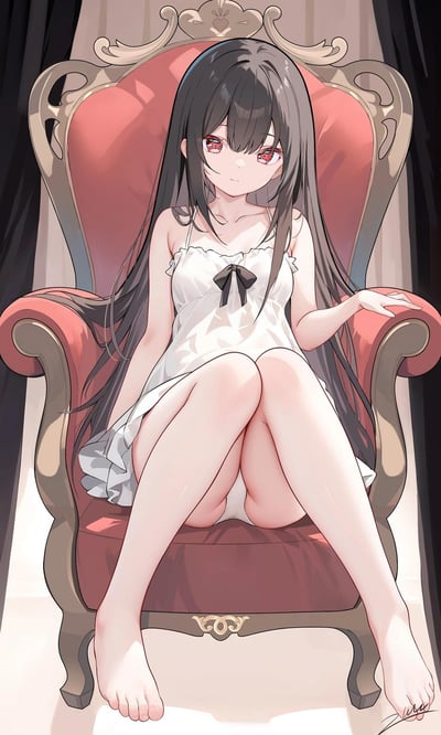 画面中一位有着乌黑长发、红眸的少女，身穿带有黑色蝴蝶结的白色吊带睡裙，端正地坐在复古奢华的红棕色雕花扶手椅上，姿态慵懒放松，双腿并拢，一只手搭在扶手上，整体画风精致柔和，氛围静谧优雅，无谐音梗或暗示内容。