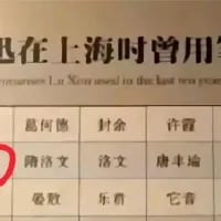 这是一张展示鲁迅在上海期间所使用过的笔名的纯文字资料图，图中以表格形式罗列了多组笔名，其中「隋洛文」被红色圆圈重点标注。顶部有中文标题「迅在上海时曾用笔」以及存在拼写误差的英文说明「Luxun used to the hunt pens names」，整体排版规整，是用于了解鲁迅笔名相关文史内容的参考资料。