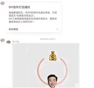 图片分为上下两部分。上半部分是一个DIY挂件打回通知界面，内容为“很抱歉通知你，你DIY的挂件未通过审核，打回原因为‘你想想为啥没过’。DIY工具将继续保留在你的挂件背包中，期待你重新修改后上传的作品～”，下方有“前往修改”按钮及时间“2020/8/28 22:38:12”。下半部分显示用户“One Day”的头像及名称，下方配图中有一个黄色美元符号钱袋图标，中间是一个人物头像，周围有粉色循环箭头。整体通过虚构的审核通知和带有金钱符号的循环图，幽默调侃审核原因模糊的现象。