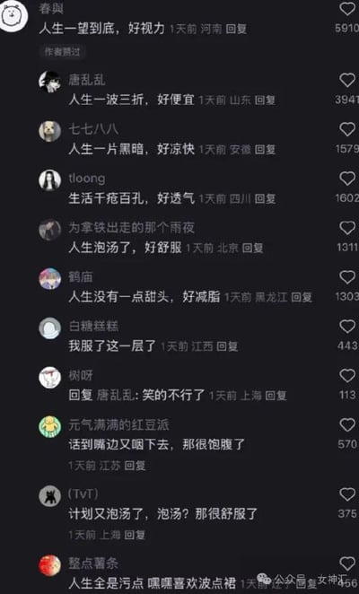 这是一张中文社交媒体评论区的截图，深色背景下展示了多位网友集体接龙玩谐音梗的内容，所有玩梗内容都遵循“人生XX，好XX”的统一格式，创作者们通过谐音，将原本描述不如意人生状态的词语，转化为有趣的正向生活化描述，比如“人生一望到底，好视力”对应视力矫正、“人生一波三折，好便宜”对应商品打折、“人生一片黑暗，好凉快”对应黑色丝袜，整体充满巧思和趣味，每一条评论都标注了发布者昵称、所在地、发布时间和点赞数，右下角带有“公众号 女神汇”的水印，是网友自发互动玩梗的内容