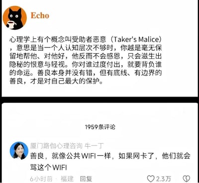 这是一张社交媒体帖子截图，分为上下两部分，上方是昵称为Echo的用户发布的内容，介绍了心理学概念“受助者恶意（Taker's Malice）”，提出当一个人认知层次不足时，你越是毫无保留帮助他、对他好，对方不仅不会感恩，反而会滋生隐秘的恨意与轻视，过度付出就要背负对方的命运，最后点明善良本身没有错，但是有底线、有边界的善良才是对自己最大的保护；下方是用户“厦门路伽心理咨询 牛一丁”的热门高赞评论，用公共WiFi比喻善良，内容为“善良，就像公共WIFI一样，如果网卡了，他们就会骂这个WIFI”，该评论获得2.3万赞，帖子共有1959条评论，评论发布于6小时前，属地显示为福建。