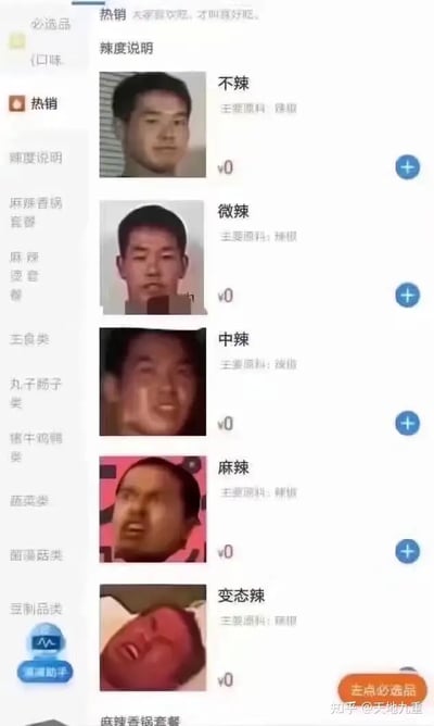 这张图片将外卖或火锅点餐系统的辣度选择界面进行恶搞，把《仲夏夜之淫梦》中的迷因人物头像作为辣度选项图标，从“不辣”到“变态辣”依次加强。图片利用了“恶臭梗”及“野兽先辈”等网络二创文化元素，形成一种圈内自嗨、充满亚文化气息的幽默梗图。整体风格诙谐，适合在群聊、弹幕、朋友圈发图时用作娱乐互动，圈外人会有很大的迷惑感，充满二创恶搞意味。

图中等级从不辣、微辣、中辣、麻辣、变态辣均为野兽先辈相关头像，且按照辣度递增排列，体现出用梗社群的独特幽默感。
