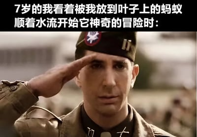 图片上方为黑色背景白色文字：'7岁的我看着被我放到叶子上的蚂蚁顺着水流开始它神奇的冒险时：'，下方是一名身着军装的士兵正严肃敬礼的截图。通过将童年观察蚂蚁的微小日常与士兵敬礼的庄重行为形成反差，幽默地展现了儿童视角中平凡事物的史诗感，充满童真与搞笑的反差萌。