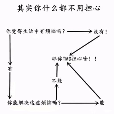 这是一张用于疏导焦虑情绪的逻辑流程图，顶部标题为“其实你什么都不用担心”，通过两步递进式提问引导人们消解焦虑：第一步抛出问题“你觉得生活中有烦恼吗？”，若回答“没有”，则直接导向结论；若回答“有”，则进入第二步提问“你能解决这些烦恼吗？”，无论回答“能”还是“不能”，最终都指向同一个直白硬核的结论“那你TMD担心啥！！”。图中用简单的箭头串联起所有逻辑分支，以接地气甚至带点粗口的表达，传递出“无论烦恼是否存在、能否解决，都无需过度担忧”的生活态度，风格直白有力，能有效缓解焦虑情绪。