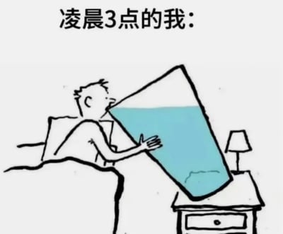 图片上方配有文字“凌晨3点的我：”，下方是一幅卡通插画。画中人物躺在床上，上身微微抬起，正用双手捧着一个巨大的三角形玻璃杯，杯中装有半杯蓝色液体（疑似水），人物正低头饮用。床边有一个带抽屉的床头柜，上面放着一盏台灯。整体画面通过夸张的水杯大小，幽默地表现了深夜时分人们可能出现的大量饮水场景，可能暗含熬夜后口渴或失眠时的状态。
