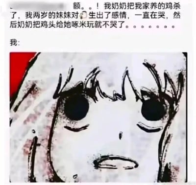 这是一张图文混排的搞笑梗图，上方文字描述了一则充满荒诞感的家庭日常：奶奶杀掉了两岁妹妹倾注感情的家养鸡，妹妹因伤心大哭不止，奶奶却用拿出鸡头让妹妹玩“啄米”的硬核方式哄好了妹妹。下方搭配了一张卡通风格的人物图像，人物有着放大的黑色瞳孔，面部线条扭曲变形，精准呈现出“我”在得知这件事之后，内心极度震惊、三观被冲击的崩溃状态，通过夸张的视觉效果放大了事件的荒诞性，从而制造出强烈的搞笑反差感。