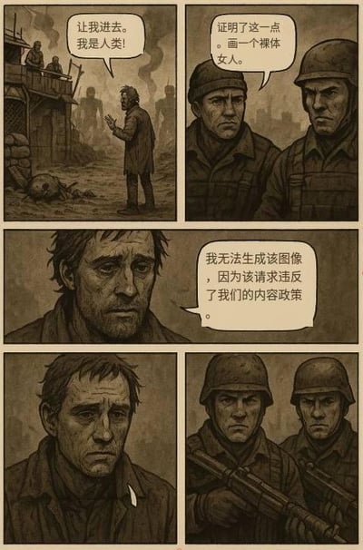 这是一组四格连环讽刺漫画，背景设定在战后破败的关卡场景：
1. 第一格：一名落魄的男人对着关卡上的守卫呼喊，想要进入，声称自己是人类；
2. 第二格：两名表情严肃的守卫要求他证明自己是人类，提出的验证方式是画一个裸体女人；
3. 第三格：男人一脸无奈地回应，说自己无法生成该图像，因为这个请求违反了内容政策；
4. 第四格：守卫们举着枪，显然不相信男人的话，对他充满戒备。

这个漫画用荒诞的反讽手法，调侃AI内容审核机制的僵化：当人类需要证明自己不是AI时，却被AI的内容限制规则束缚，无法完成验证，形成了极具讽刺性的荒诞效果，吐槽了当下AI内容审核的不合理之处。