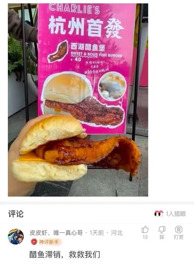 图片展示一只手拿着一个汉堡，背景是粉色的CHARLIE'S广告牌，上面写着“杭州首發 西湖醋鱼堡 SWEET & SOUR FISH BURGER ¥40”，并配有汉堡的宣传图。手中的汉堡实物中，炸鱼排较大且突出。图片下方是社交媒体评论区截图，显示用户“皮皮虾、唯一真心哥”的评论“醋鱼滞销，救救我们”，带有幽默调侃意味。