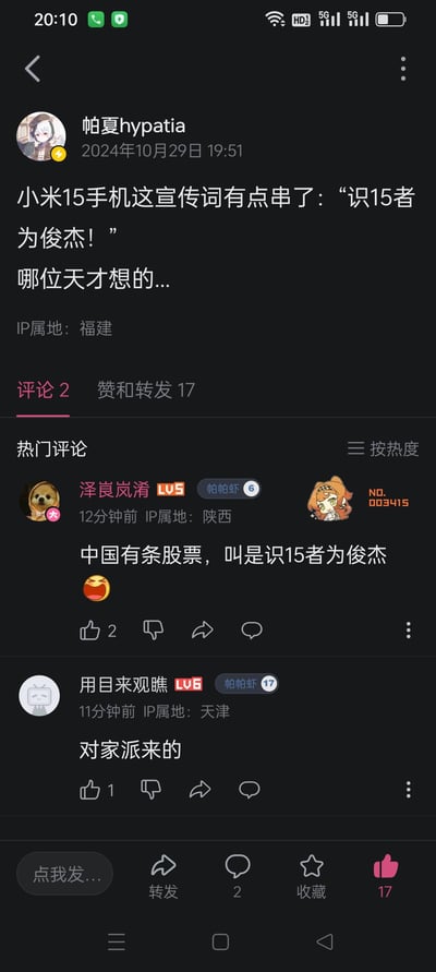 这是哔哩哔哩用户「帕夏hypatia」发布的动态内容，吐槽小米15的宣传词「识15者为俊杰」是谐音梗玩串了，调侃这个宣传词的脑洞很大。评论区用户玩梗互动：
1. 用户「泽崀岚淆」调侃「中国有条股票，叫是识15者为俊杰」，继续延伸玩梗；
2. 用户「用目来观瞧」吐槽这个宣传词像是对家派来的搞事操作。

谐音梗说明：宣传词是谐音成语「识时务者为俊杰」，将「时务」替换为对应手机型号的「15」，属于强行玩梗的搞笑吐槽。