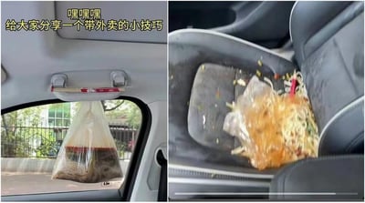 这张图分为左右两部分，左图是一个塑料袋装着的外卖（类似粉面），被挂在轿车顶端的扶手上，还夹着一双筷子，配文“嘿嘿嘿 给大家分享一个带外卖的小技巧”；右图是外卖连袋子整个洒落在副驾座椅上的崩溃场面，座位被油水和食物污染，形成强烈反差。整体表达了网络常见“车载外卖技巧”失败的场景，配合文字让笑点突出，有极强生活气息和讽刺意味。双关/反转：通过“分享小技巧”，反而展示了车载外卖翻车现场，具有自嘲和反转的幽默效果。