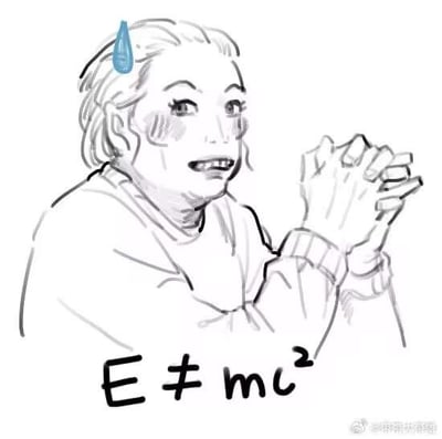 一幅手绘风格的线稿图，描绘了一个表情担忧的人物。图中人物有着明显的焦虑特征：额头上有一滴汗水，脸颊泛红，眼睛睁大，嘴巴微张，双手紧紧握在一起。画面下方写着"E ≠ mc²"，这与爱因斯坦著名的质能方程E=mc²正好相反，暗示人物可能因发现这个物理规律被打破而感到震惊和困惑。