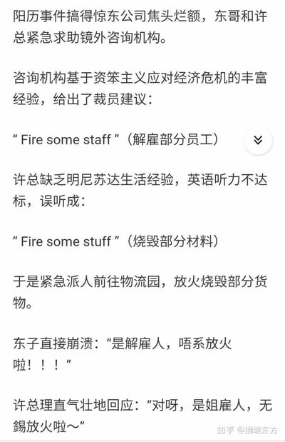 这是一个玩多重谐音梗的段子梗图，以京东相关事件为背景虚构乌龙剧情：咨询机构给出“Fire some staff（解雇部分员工）”的建议，许总因英语听力问题误听成“Fire some stuff（烧毁部分材料）”，派人前往物流园烧毁货物；东子（刘强东）崩溃用粤语吐槽“是解雇人，唔系放火啦！！！”，许总还理直气壮地用谐音回应“对呀，是姐雇人，无锡放火啦～”。同时玩了英文“staff”和“stuff”的谐音，以及粤语“唔系（不是）”和“无锡”、“解雇人”和“姐雇人”的双重谐音梗，制造荒诞搞笑的效果。