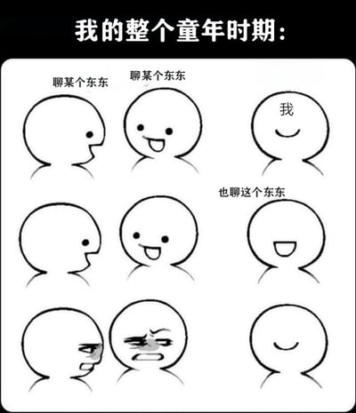 这张梗图用简约手绘小人的对比，幽默地描绘了一个人在童年时期的不善言谈，周围的人都在热烈地聊天，自己却总是安静地旁听或者保持沉默。三排小人表情形成鲜明对比，左侧总是热络的聊天场面，右侧独自一人的小人始终保持呆萌微笑无言形象。

**没有明显双关或谐音梗，主打自我调侃和社交尴尬氛围。**