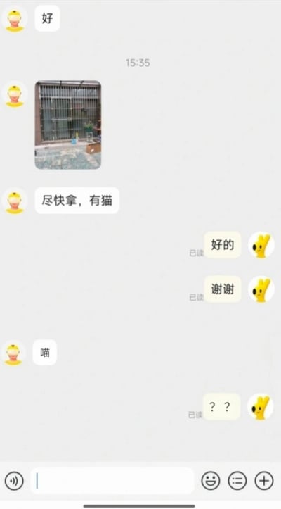 一张聊天记录截图，展示了两人的对话场景。用户A先发送“好”，随后发送一张包含笼子的照片并留言“尽快拿，有猫”，接着又发送“喵”；用户B起初回复“好的”“谢谢”，最后因用户A突然发送的“喵”而发送“??”表示疑惑，形成了一段略带幽默的日常交流。