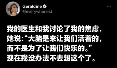 这是一张社交媒体截图，显示用户Geraldine (@everywhereist) 分享了与医生讨论焦虑时的对话。医生提到“大脑是来让我们活着的，而不是为了让我们快乐的”，引发了她的持续思考。截图中包含用户头像、用户名及主要文字内容，整体风格简洁，文字内容直击焦虑人群的内心感受。