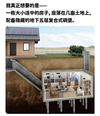 图片上方配有文字“我真正想要的是——一栋大小适中的房子，座落在几亩土地上，配备隐藏的地下五层复合式碉堡。”，下方是一张创意设计图。图中展示了一栋外观普通的小房子，屋顶装有太阳能板，周围有草坪和白色栅栏，看起来像典型的乡村住宅。然而图片采用了剖面视角，揭示了地下隐藏着一个庞大的五层复合式碉堡，内部设施齐全，包含多个房间、楼梯和各种生活设施。这种地上简约住宅与地下复杂碉堡的巨大反差形成了强烈的幽默效果。
