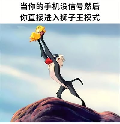 图片上方配有文字“当你的手机没信号然后你直接进入狮子王模式”，下方是动画电影《狮子王》的经典场景改编：狒狒拉飞奇站在荣耀石上，双手高举一个黄色物体（形似手机），模仿原作中举起幼狮辛巴的标志性动作。通过将“没信号的手机”与“狮子王经典举高场景”结合，以幽默方式调侃手机没信号时的夸张反应。