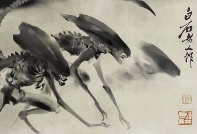 这幅作品采用中国传统水墨画技法创作，画面中有两只外星生物，它们具有细长的头部、锋利的牙齿和外骨骼结构，呈现出凶猛的爬行姿态。画作右侧有竖排书法文字“白石老人作”，下方配有两个红色印章。作品将科幻元素与传统艺术形式相结合，形成了独特的视觉对比。