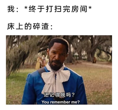 这是一张结合影视截图创作的搞笑生活梗图，上方配文“我：*终于打扫完房间*”，表现出人物刚完成打扫房间的疲惫与成就感，随后将“床上的碎渣”拟人化，配上电影中人物严肃直视镜头的截图，搭配台词“还记得我吗？You remember me?”，生动又幽默地还原了刚打扫完房间，就发现床上仍残留着碎渣的无奈瞬间，精准戳中了人们打扫卫生时总会有残留碎屑的生活痛点，用夸张的方式吐槽这种常见的生活小状况，引发共鸣。