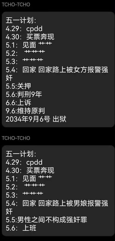 整张图为上下排列的纯文字对比梗图，以五一假期安排为切入点打造反差笑点：两个版本的前半段计划都是4月末找对象、买票奔现见面，中间日期内容打码暗示私密活动，上方版本的结局是和女性奔现后被报警强奸，最终获刑9年到2034年才出狱；下方版本的结局是和男娘奔现后被报警，却因为男性之间不构成强奸罪的法律规定，没过几天就可以正常上班，两种走向的巨大反差极具搞笑效果，同时调侃了网络奔现的风险，也玩了相关法律常识的梗。