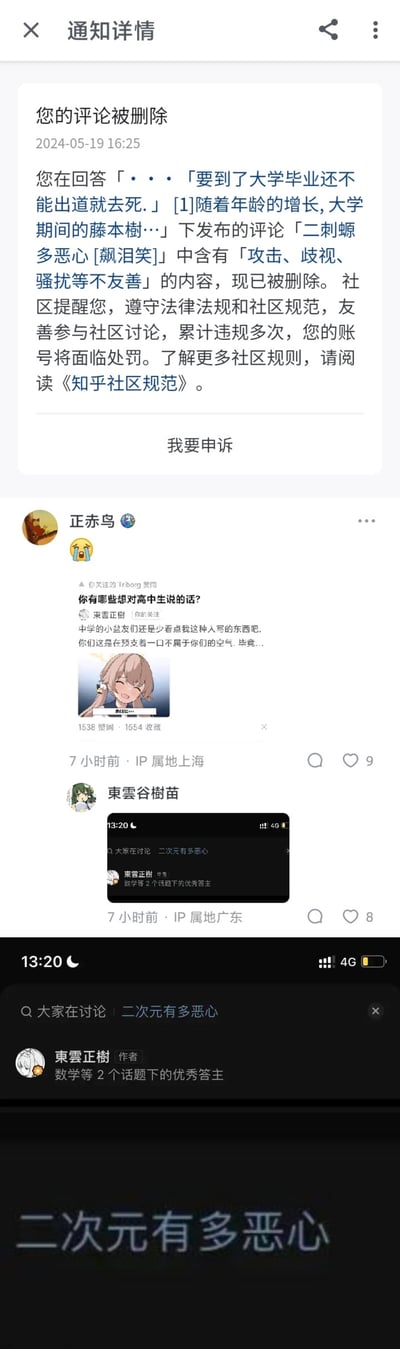 这是一组竖屏拼接的知乎平台截图，分为三个部分：
1. 顶部是知乎官方通知，显示用户在2024年5月19日因发布评论「二刺螈多恶心 [飙泪笑]」被判定含攻击歧视内容删除，账号有违规处罚风险；
2. 中间是两条知乎动态，一条是用户“正赤鸟”转发答主“東雲正樹”的回答并配哭脸表情，另一条是用户“東雲谷樹苗”发布了一张截图；
3. 底部是中间截图的放大版，清晰显示知乎的讨论栏存在「二次元有多恶心」的话题，而该话题下的优秀答主正是之前被转发的“東雲正樹”。

谐音梗说明：“二刺螈”是“二次元”的谐音，是部分网友对二次元群体的戏谑甚至带有歧视性的称呼。