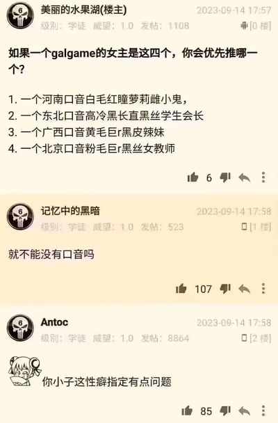 这是一张游戏论坛讨论截图，展示了一个关于galgame女主角选择的帖子及其回复。楼主"美丽的水果湖"提出假设性问题，询问如果一个galgame有四个不同类型的女主角，大家会优先选择哪一个。帖子列出了四个选项，每个选项都将地区口音与特定的动漫角色特征相结合：1. 河南口音白毛红瞳萝莉雌小鬼；2. 东北口音高冷黑长直黑丝学生会长；3. 广西口音黄毛巨r黑皮辣妹；4. 北京口音粉毛巨r黑丝女教师。

下方有两条回复，第一条来自"记忆中的黑暗"："就不能没有口音吗"，表达了对角色设定中强调口音的质疑。第二条来自"Antoc"："你小子这性癖指定有点问题"，并配有一个动漫表情，调侃楼主设计的角色特征过于迎合特定喜好。
