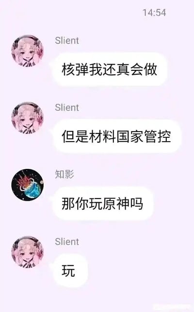 这是一张聊天记录截图，对话双方为Slient和知影。Slient首先抛出一个极具冲击力的话题，称自己会制作核弹，只是制作材料受国家管控；随后知影并未延续这个硬核话题，而是突然询问对方是否玩热门游戏《原神》，Slient给出了肯定的答复。整个对话从严肃的硬核话题毫无过渡地转向热门游戏，形成了强烈的反差感，制造出搞笑的效果。
