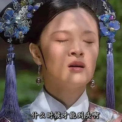 这张图是清宫剧风格的表情包，人物穿着华丽的清代宫廷服饰，头戴精致发饰，两侧流苏装饰。画面下方配字“什么时候才能到头啊”，常用来表达对某件无法结束的事情的无奈、崩溃心情。此语句结合了“到头”双关，有幽默感。