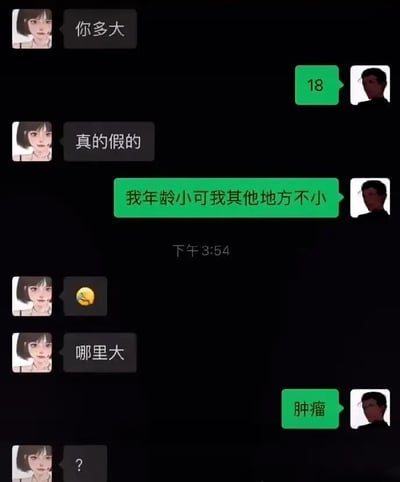 这是一组微信聊天记录截图，一男一女聊着彼此的年龄。男方称自己虽然年纪小，“但其他地方不小”。女方一开始带有调侃或暧昧意味地追问“哪里大”，男方却用“肿瘤”来反转，制造了一个出其不意的冷幽默效果，完全打破暧昧气氛。这种幽默方式很有网络‘杠精’风格，也体现了一种反套路的社交尴尬幽默。

**注意**：该梗用到“双关语”，将“哪里大”从性暗示反转为医学意义的“肿瘤大”，属于出其不意的梗。