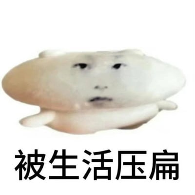 一张幽默表达生活压力的表情包，画面主体是一个被压成扁平状的人形物体，顶部有一张人脸，表情显得无奈。图片下方配有文字“被生活压扁”，通过视觉隐喻的方式形象地表达了现代人被生活压力压得喘不过气的状态。