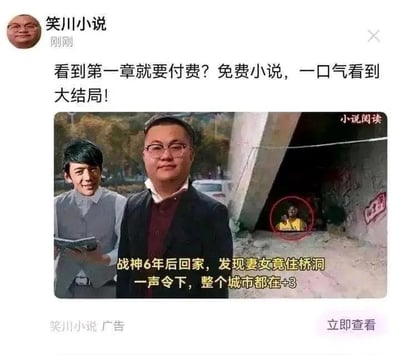 这是一张社交媒体推广截图，用户“笑川小说”发布动态吐槽付费小说，宣传自家免费小说服务：“看到第一章就要付费？免费小说，一口气看到大结局！”。配图为两名男子站在户外场景，背景有桥洞，桥洞内一名穿黄色衣服的人被红圈标注。图片上叠加文字：“战神6年后回家，发现妻女竟住桥洞 一声令下，整个城市都在+3”，突出夸张的网络小说剧情吸引读者。整体风格为典型的免费小说广告，通过制造冲突和福利诱惑用户点击。