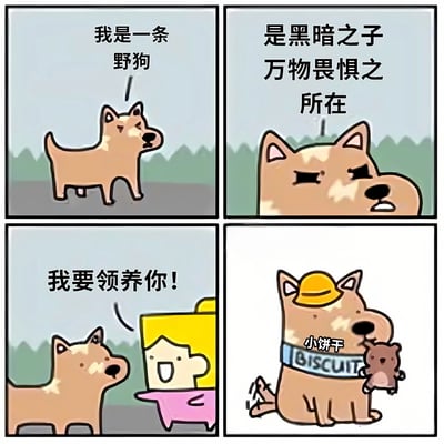四格连环漫画展现一只棕色狗狗的反差萌故事：第一格中狗狗站立宣称“我是一条野狗”，表情略带不屑；第二格特写狗狗凶狠眼神，配文“是黑暗之子 万物畏惧之所在”；第三格中一位黄发粉衣人物兴奋地对狗狗说“我要领养你！”；第四格狗狗已戴上黄色帽子，脖子系着写有“小饼干 BISCUIT”的项圈，抱着小毛绒玩具静坐，表情温顺满足。