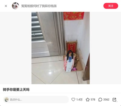 社交媒体截图展示了一个门口场景，金属门旁贴着红色的春节福字装饰，下方有一个小架子，上面摆放着一个粉色白色相间的购物袋和一些小物品。图片配文"骑手你是要上天吗"，带有幽默调侃的语气，可能是在抱怨外卖骑手将物品放在了不太合适的位置。