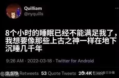 这是一张Twitter（现X平台）推文截图，用户Quilliam（@nyquills）以幽默夸张的语气抱怨8小时睡眠不足，调侃自己想效仿上古之神沉睡数千年。推文发布于2022年3月18日9:26 AM，通过Android客户端发送，获得3,579次转发、53次引用推文和20.4K次点赞，展现了当代人对充足睡眠的调侃式渴望。