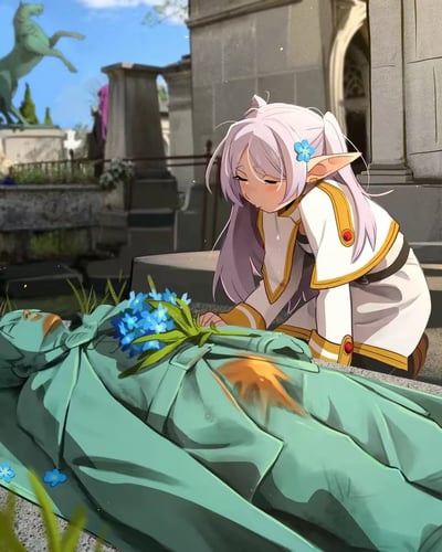 图中是动画《葬送的芙莉莲》中的精灵魔法师芙莉莲，她跪坐在人类伙伴辛美尔的墓碑雕像旁，双眼紧闭，神情满是悲伤，手扶着墓碑，还在雕像的胸口放上了与她发饰同款的勿忘我花。背景是带有石质建筑的墓园，整体氛围哀伤，这是一幅基于原作剧情的AI生成同人图，还原了芙莉莲对逝去百年的友人的深切怀念。