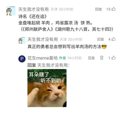这是一张社交媒体评论区的截图，用户“天生我才没有用”将两句古诗拆分重组，把“金盘堆起胡羊肉”和“鸡省露浓汤饼熟”拆分开后拼凑出包含“羊肉汤”的表述，还调侃自己是能写出羊肉汤的勇者；内容账号“花生meme基地”的作者则用一张“耳朵瞎了听不到哟”的橘猫表情包回复，用装作没听见的态度回应这个玩梗，整个互动充满趣味，展现了网友用古诗进行创意玩梗的搞笑场景。