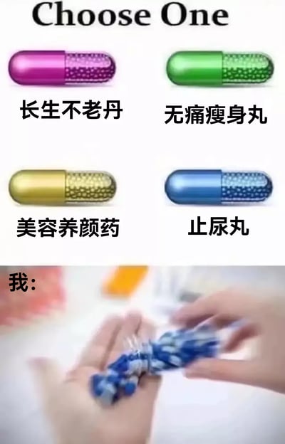 这张梗图用四种各种颜色的“神奇药丸”作为选项，分别是“长生不老丹”、“无痛瘦身丸”、“美容养颜药”、“止尿丸”。下方是一个带模糊特效的抓取大量药丸的手，并配字“我：”，暗示面对诱惑时选择全部。该图戏谑地反映了现代人对美好不切实际愿望的贪心和选择障碍。没有明显谐音梗，但有调侃和夸张意味。