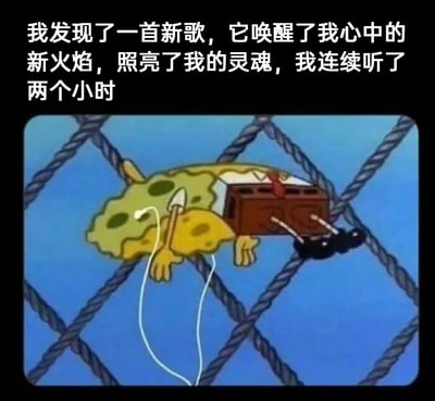 这是一张趣味梗图，上方配有文字“我发现了一首新歌，它唤醒了我心中的新火焰，照亮了我的灵魂，我连续听了两个小时”，下方是动画《海绵宝宝》的经典截图。画面里的海绵宝宝面色发绿、眼神空洞，身体虚脱地挂在渔网上，戴着耳机，四肢无力下垂。图中用文字描述的“被新歌打动、连续听歌”的积极感受，和海绵宝宝疲惫到虚脱的画面形成强烈反差，生动又幽默地吐槽了遇到喜欢的歌曲循环播放到身体被掏空的真实日常，很容易引发网友的共鸣。
