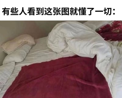 图片上方配有黑色文字'有些人看到这张图就懂了一切:'，下方为一张凌乱床铺的实拍场景。画面中白色被子与红色毯子随意堆叠，枕头歪斜放置，床单褶皱明显，整体呈现出典型的未整理状态。该图通过生活化的凌乱场景，暗指那些对'起床后懒得叠被子'等随性生活习惯有共鸣的人群，利用场景共鸣引发会心一笑。