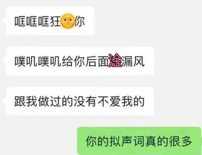 图片展示四个白色对话气泡，前三行包含幽默拟声词和网络用语，如“哐哐哐狂☀️你”“噗叽噗叽给你后面淦漏风”，其中“淦”字为粉色突出显示，最后一行绿色气泡回应“你的拟声词真的很多”，整体风格轻松搞笑，充满网络聊天的随意感。