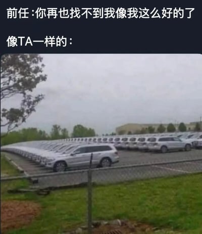 这是一张用于吐槽前任自我优越感的搞笑梗图，上方配有文字“前任：你再也找不到像我这么好的了”，下方是一张停车场的实拍图，由于拍摄角度的原因，一长排白色SUV看起来完全一模一样，用这种视觉效果来讽刺前任自以为独一无二、不可替代，实际上和他/她类似的人数量众多，以此打破前任的迷之自信，传递出“优秀的人很多，前任并非不可替代”的调侃态度。