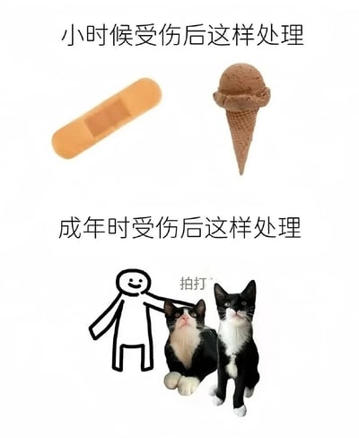 图片通过上下对比的方式，幽默展示了人们不同人生阶段受伤后的处理方式。上半部分标题为'小时候受伤后这样处理'，配有创可贴和冰淇淋的图片，体现了童年时期受伤后需要简单治疗和安慰的特点。下半部分标题为'成年时受伤后这样处理'，展示了一个简笔画人物正在拍打两只奶牛猫，暗示成年人受伤后更多依靠宠物治愈的心理需求。