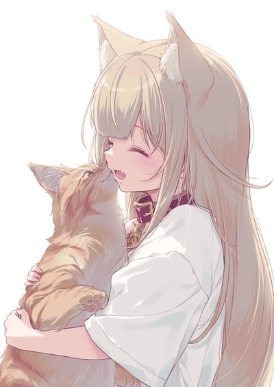 画面呈现了一位浅金色长发的猫耳二次元少女，她身着宽松白色上衣，颈间佩戴带有吊牌的深色项圈，正满脸开心地抱着一只橘色长毛猫。橘猫亲昵地蹭着少女的脸颊，少女眯起一只眼睛，嘴巴微张，露出愉悦的神情，整体画风柔和温暖，充满治愈感，没有双关、谐音梗或暗示内容。