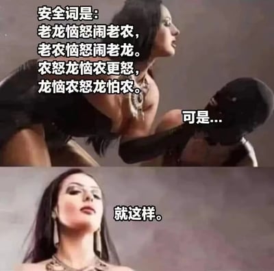 这是一张上下拼接的 meme 图片，上方画面中一位肌肉发达的深色长发女性俯视下方人物，下方画面为该女性的面部特写。图片利用了 BDSM 文化中「安全词」的概念，搭配一段绕口令式的中文文本制造幽默效果：「安全词是: 老龙恼怒闹老农，老农恼怒闹老龙。农怒龙恼农更怒，龙恼农怒龙怕农。」。中间过渡文字「可是...」与结尾「就这样。」形成简短对话，暗示了因绕口令过于复杂而无法使用的搞笑结局。