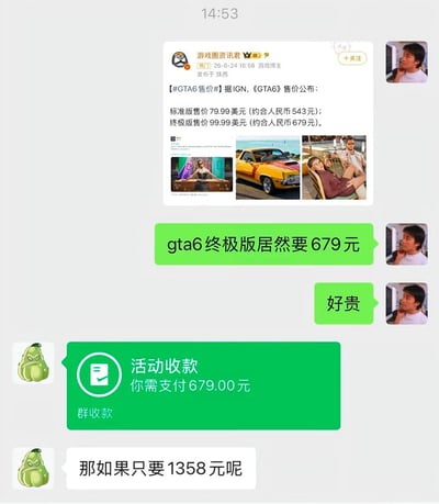 这是一张微信聊天记录截图，首先聊天中有人转发了游戏博主发布的GTA6售价相关资讯，称其终极版折合人民币约679元，随后一位头像是周星驰照片的参与者吐槽该售价太贵，紧接着另一位头像是愤怒牛油果的参与者直接发来金额刚好为679元的群收款，还调侃询问如果只要1358元会不会接受，内容围绕GTA6公布售价的热点事件玩梗，幽默搞笑。